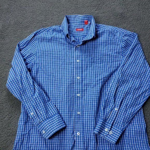 IZOD Button Shirt Mens Size L Large Blue Check Long Sleeve - Picture 1 of 7